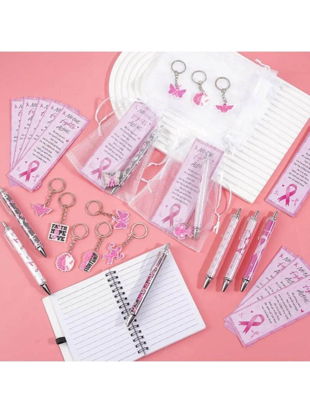 96 Pcs Breast Cancer Awareness Gifts Set - Pink Ribbon Pens, Bookmarks